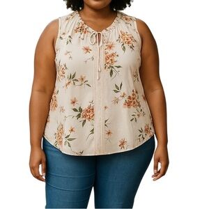 Plus Size, NAIF Cream Floral Sleeveless Tie Front Blouse, Size 2X
